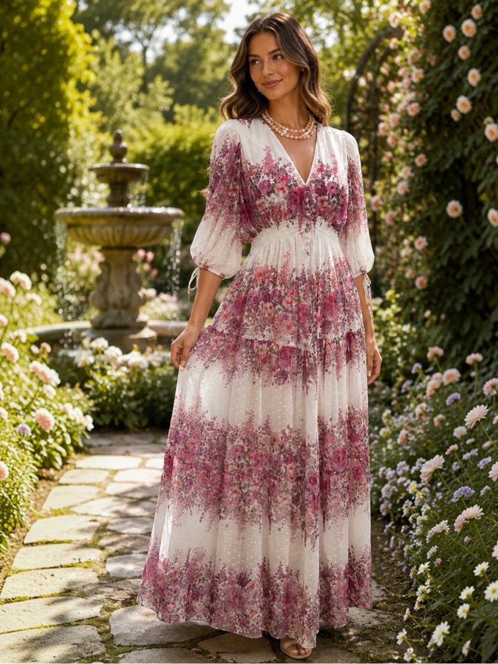 Romantic Pink Cream Floral Cottagecore 3/4 length sleeves V-Neck Flowy Dress 8 - Picture 2 of 7